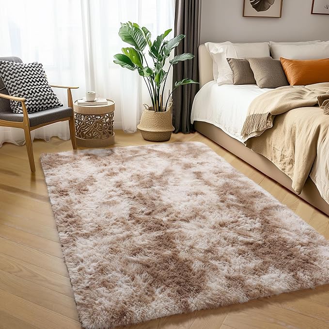 Amdrebio Beige Tan Furry Area Rug 4x6 for Bedroom Living Room Nursery Dorm | Fluffy Shag Cozy Plush Fuzzy Shaggy Carpet, Classroom Playroom Home Office Decor, Neutral Aesthetic, Baby Kids Toddler Corner
