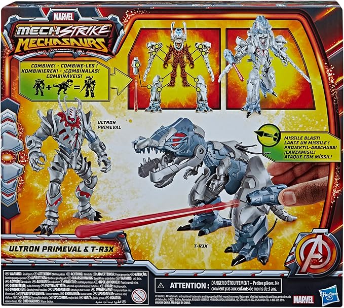 Marvel Mech Strike Mechasaurs, 4.5-Inch Ultron Primeval with T-R3X Mechasaur Action Figures, Super Hero Toys for Kids Ages 4 and Up