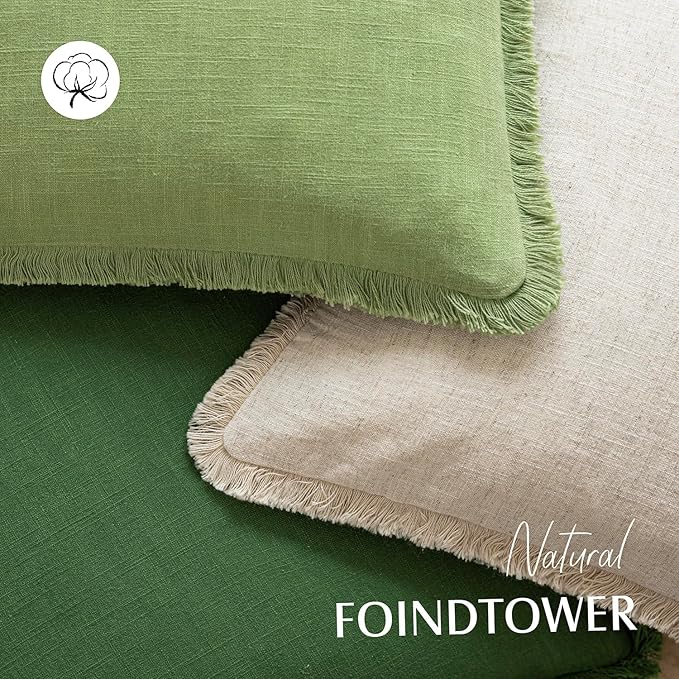 Foindtower Set of 2 Decorative Linen Fringe Throw Pillow Covers Cozy Boho Farmhouse Cushion Cover with Tassels Soft Accent Pillowcase for Couch Sofa Bed Living Room Home Decor,26×26 Inch,Lime Green