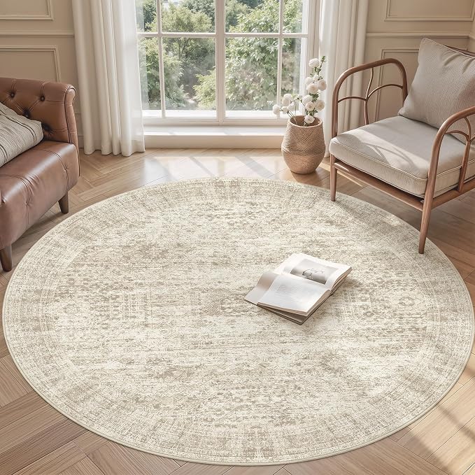 Soalmost 5x5 Beige Round Rug 6ft Circle Living Room Area Rugs Non-Slip | Washable Vintage Indoor Carpet for Dining Bedroom, Low Pile Stain Resistant Foldable Floor Mat Entryway Home Office Decor
