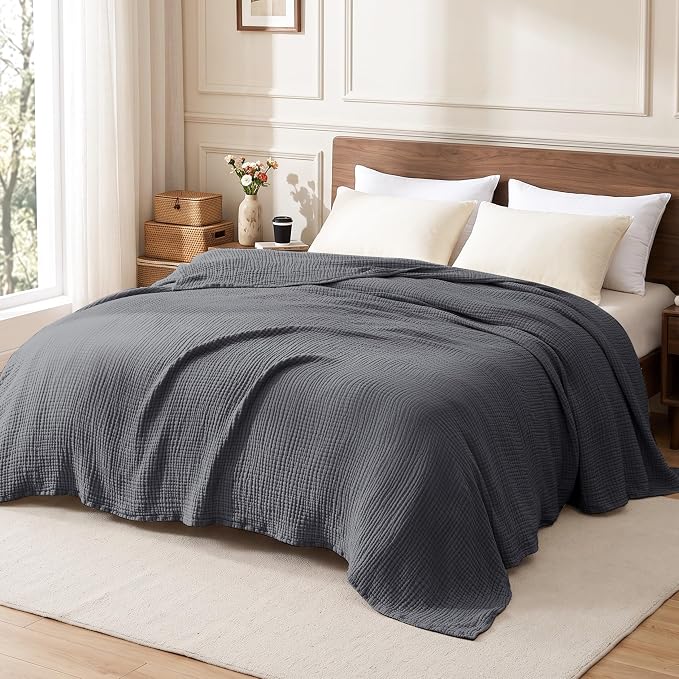 Love's cabin 100% Cotton Muslin Blanket, 6 Layer Lightweight Breathable Gauze King Size Blanket 108 x 90 Inches, Soft Summer Blanket for Bed, Dark Grey