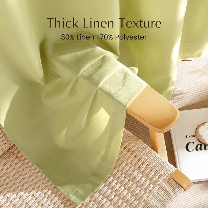NICETOWN Fresh Green Linen Curtains for Kitchen, Thick Flax Small Window Treatments Semi Sheer Privacy Assured with Light Through for Cafe/Bathroom, W55 x L84, 2 Panels
