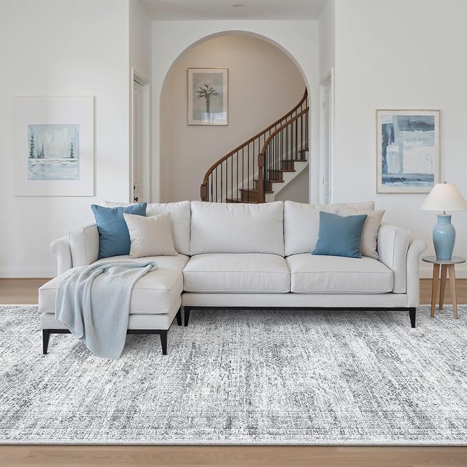 Soalmost Washable Hallway Runner Rug 4x10 Kitchen Entry Rugs Non-Slip, Grey | Vintage Wide Runners for Living Dining Room Entryway, Stain Resistant Low-Pile Long Floor Carpet 10ft for Corridor Bedroom
