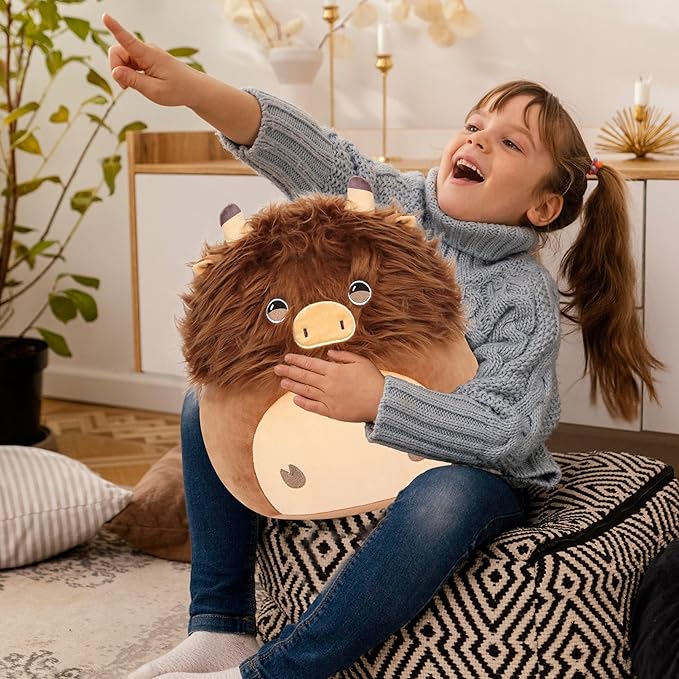 Easfan 12" Highland Cow Plush Pillow Soft Brown Cow Plush Toy Cute Stuffed Animal Home Room Decoration Birthday Festival Gifts for Kids Toddlers