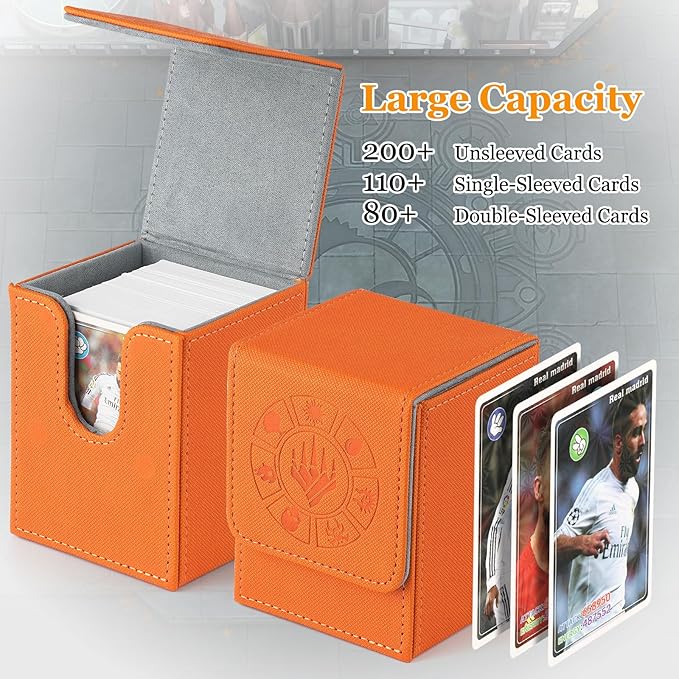 Arkeiliy Card Deck Box, 110+ Storage MTG Deck Box with 50 Pcs Card Sleeve, Collectible Trading Card Cases for Magic Commander and More (Orange)