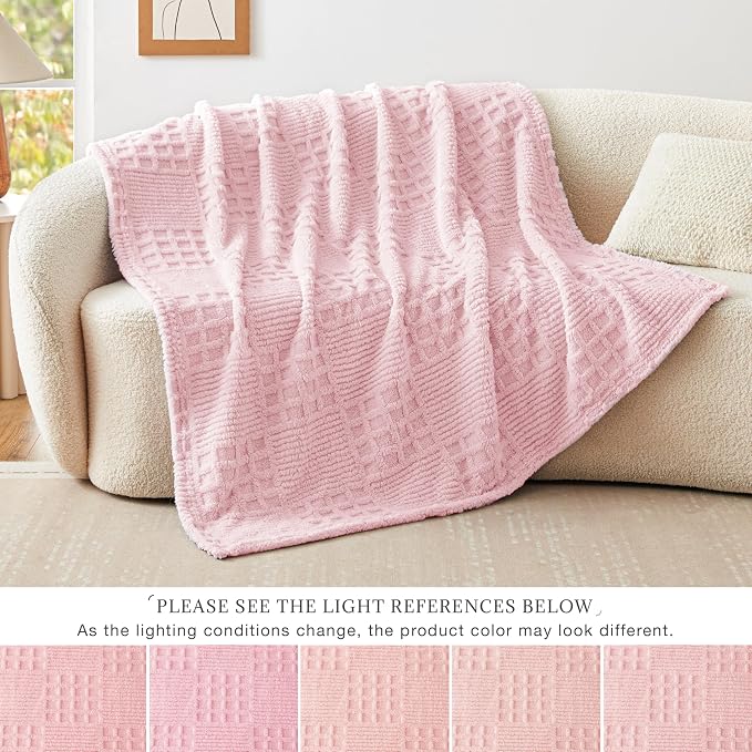 EXQ Home Fleece Throw Blanket for Couch or Bed - 3D Waffle Patchwork Pattern Jacquard Decorative Blankets - Cozy Soft Fuzzy Flannel Blanket Suitable for All Seasons(50"×60",Pink)