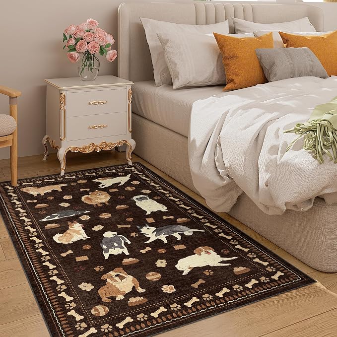 DUKINO 3x5 Rug, Washable Dog Bedroom Area Rug Soft Non Slip, Brown | Low Pile, Non-Shedding, Stain Resistant Animal Carpet for Bathroom Dorm Office Dining Living Room Kitchen, Kid & Pet Friendly