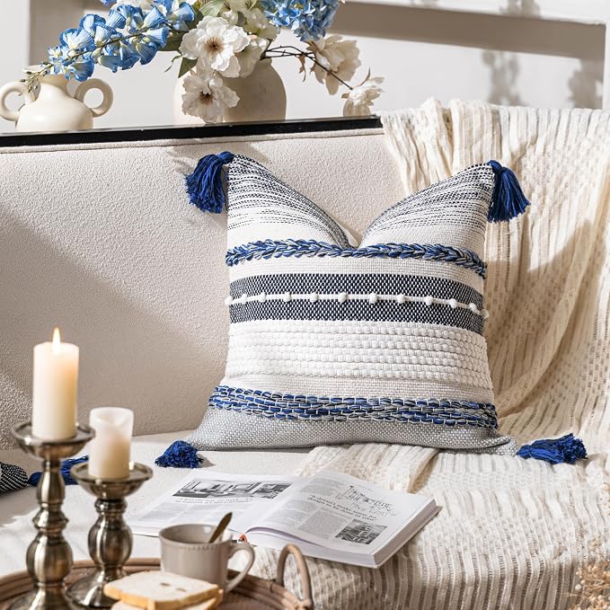 Navy Dark Blue Decorative Throw Pillow Cover 20x20 Square Boho Accent Pillowcase Tassels Farmhouse Cushion for Couch Sofa Bedroom Living Room Home Décor Cover ONLY