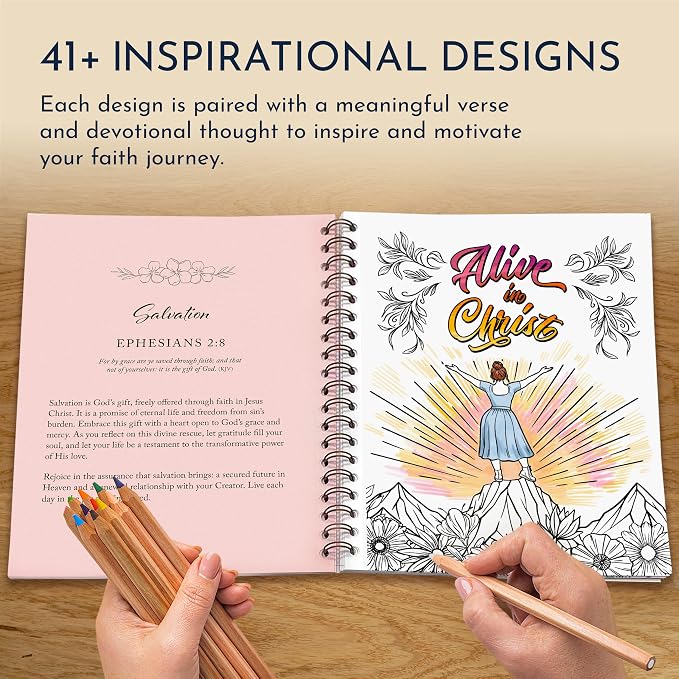 Devotional Coloring Book for Women – 41 Christian Coloring Pages with Bible Verses – Bible Coloring Book for Adults, Spiral Bound, 140gsm Paper, Christian Gifts for Women, Religious Coloring Book