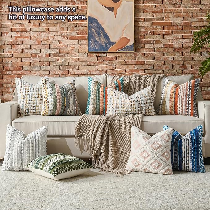 Boho Chenille Pillow Cover Decorative Tufted Pillowcase for Couch Bed Sofa Bedroom Living Room Modern 18 x 18-Inch Brown White