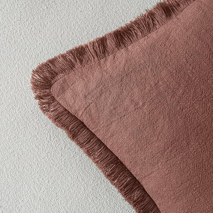 MIULEE Linen Fringe Decorative Fall Throw Pillow Covers Autumn Glaze 18x18 | Set of 2, Cottagecore Decor, Boho Farmhouse Neutral Pillow Covers, Rustic Fall Couch Cushion Cases for Sofa Bed Living Room