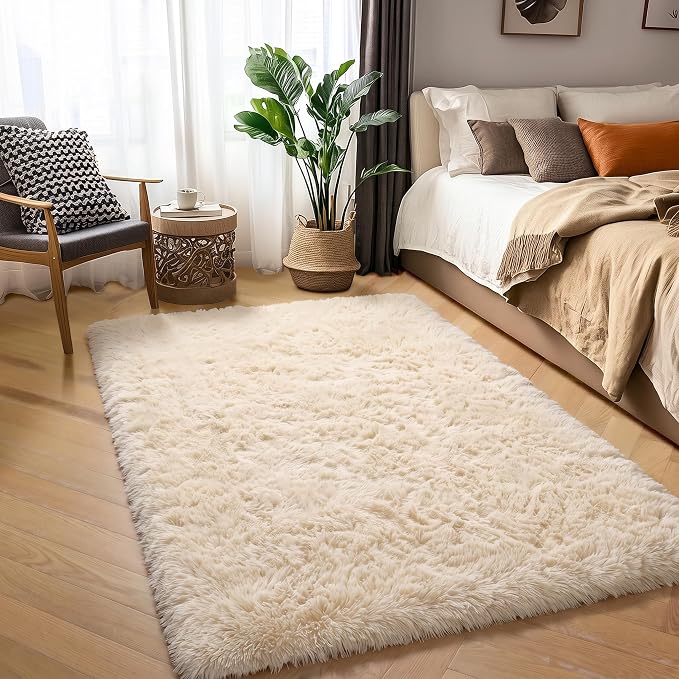 Amdrebio Beige Area Rugs for Bedroom Kids Room, Fluffy Plush Shaggy Furry Fuzzy Rug 4x6 for Living Room Decor Aesthetic, Soft Cute Shag Neutral Tan Carpet for Teens Baby Nursery Playroom Preppy Dorm