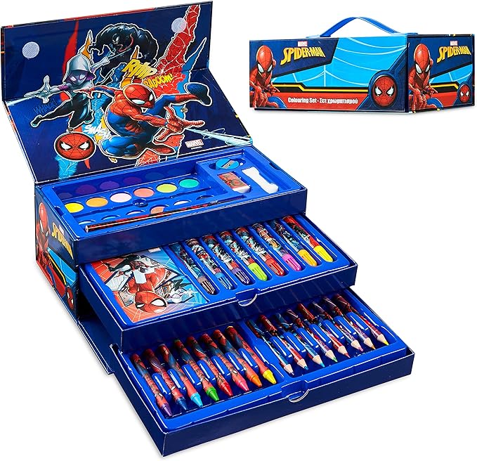 Marvel Art Case for Kids with Colored Pencils Markers Crayons Watercolors Drawing Supplies Travel Art Kit Gifts for Kids (Multicolor Spiderman)