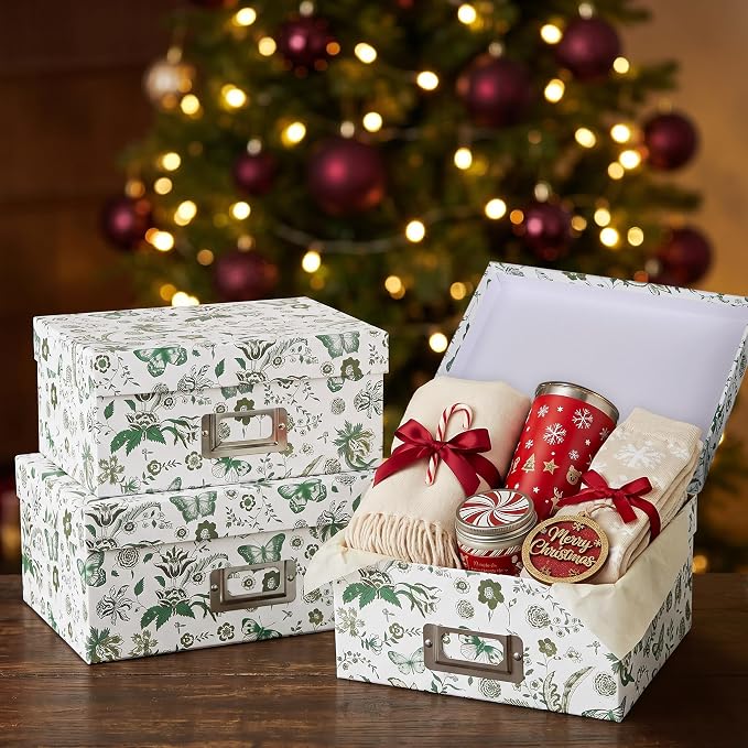 Briful Decorative Storage Boxes with Lids, 4 Pack Green Floral Cardboard Nesting Gifts Boxes with Metal Label Holders, Stackable Keepsake Photo Organizers for Home Closet Shelf Bedroom Office Decor