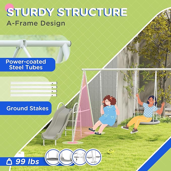 Outsunny Swing Set for Backyard, 5 in 1 Outdoor Playset for Kids with Heavy-Duty A-Frame Stand, 29.5" Saucer Swing, Slide, Teeter-Totter, Glider, 693 Lbs Load, Gray