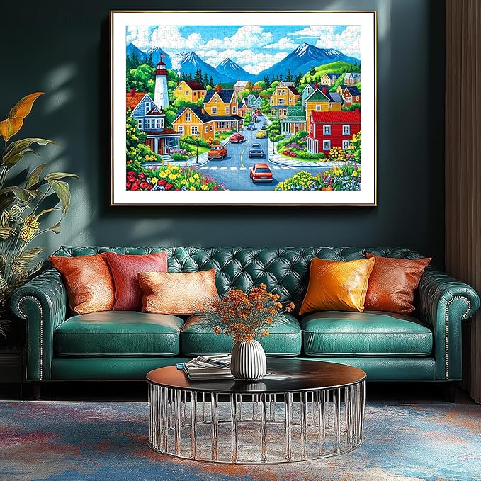 1000 Piece Jigsaw Puzzle for Adults - Colorful Mountain Town: Vintage Cars, Lighthouse & Flower-Lined Streets, 27.5x19.7 Inch Unique Art Puzzle, Challenging Hard Difficult Puzzles for Adults