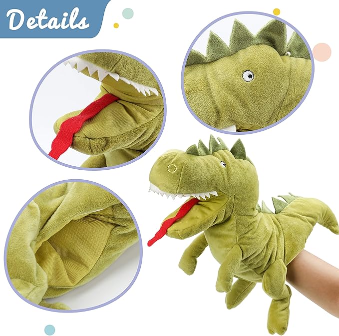 Hopearl Plush Dinosaur Hand Puppet T-Rex Puppet with Open Movable Mouth for Imaginative Play, Role Play, Interactive Toy for Storytelling Teaching Puppet Theater, Birthday Gift for Kids, Green, 13''