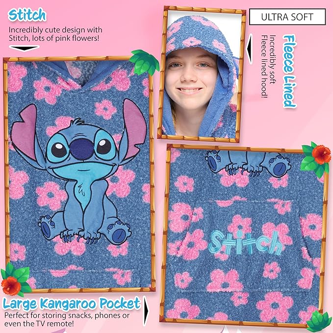 Disney Stitch Fleece Hoodie Blanket for Kids and Teenagers - One Size Fluffy Oversized Hoodie - Stitch Gifts