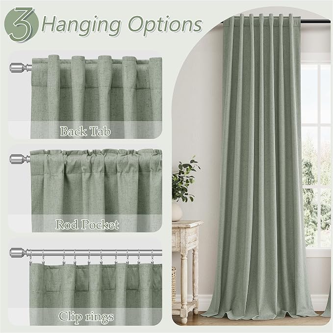 Guken Desert Sage 100% Blackout Linen Curtains 72 Inch Length 2 Panels Set for Living Room Bedroom Back Tab Thermal Insulated Black Out Drapes Room Darkening Window Curtains 72 Inches Long