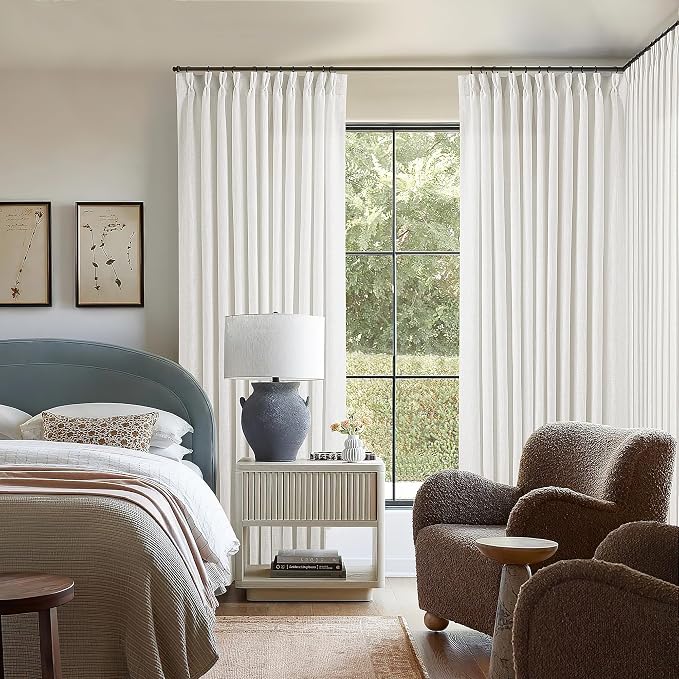TWODRAPES Ivory White Pinch Pleated Extra Wide Linen Curtains 84 Inches Long for Patio Sliding Glass Door 70 Inch Wide Pleated Drapes with Hooks Rings Semi Sheer 70x84 Curtain for Living Room 1 Panel