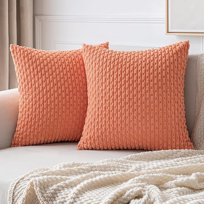 MIULEE Decorative Throw Pillow Covers 20x20 Coral Red Textured Corduroy | Pack of 2 Striped Pillow Covers Modern Farmhouse Home Decor for Couch Bed Sofa Living Room