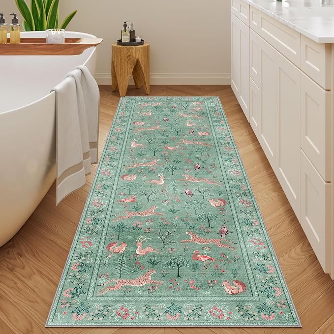 DUKINO 2x6 Runner Rug, Washable Animal Kitchen Rugs Non Slip, Teal | Soft, Low Pile, Stain Resistant Indoor Carpet for Hallway, Entryway, Bedroom, Bathroom, Laundry,Pet Friendly, Lightweight