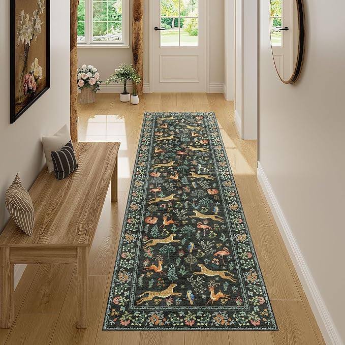 DUKINO 2x7 Runner Rug for Hallway, Washable Kitchen Rugs Non Slip, Black | Low Pile, Stain Resistant, Animal Indoor Carpet Runner for Hallway, Entryway, Bedroom, Bathroom, Lightweight, Pet Friendly