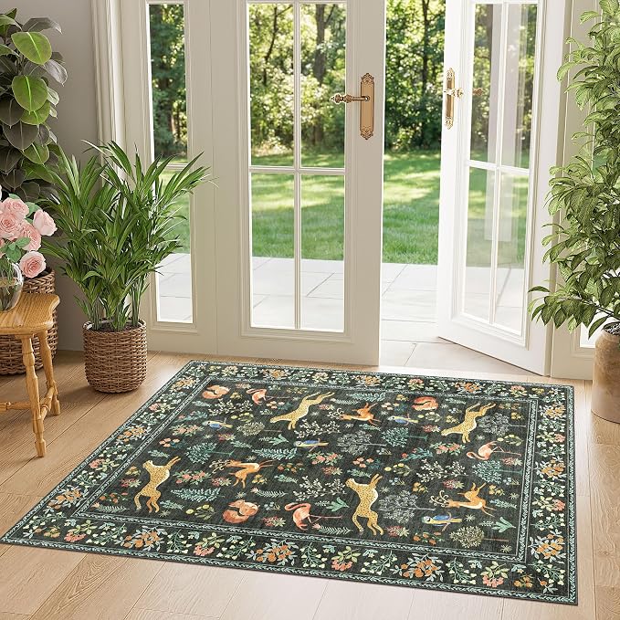 DUKINO 3x4 Rug, Washable Animal Area Rug for Entryway Non Slip, Black | Soft, Low Pile, Stain Resistant Indoor Carpet Runner for Entryway, Kitchen, Bedroom, Bathroom, Pet Friendly, Home Decor
