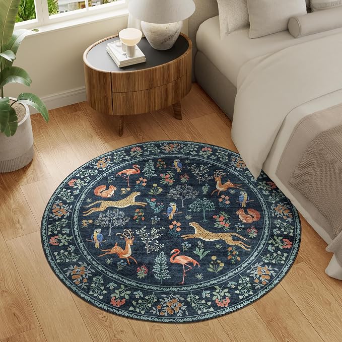 DUKINO 4ft Round Rug, Washable Animal Round Area Rug Non Slip, Navy Blue | Low Pile, Soft, Non-Shedding Indoor Circle Carpet for Bedroom, Entryway, Living Room, Farmhouse, Pet Friendly, Lightweight