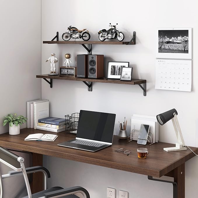 YGEOMER Wall Shelves, 4pcs Different Sizes Dark Carbonized Brown Floating Shelves for Decor