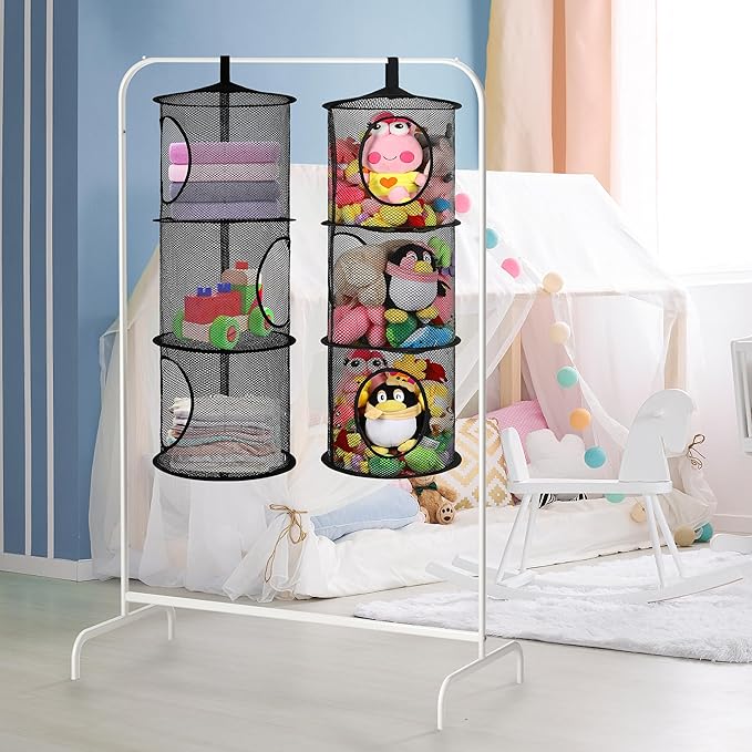 2Pcs Stuffed Animal Storage Foldable Stuffed Animal Net or Hammock Organizer, 3 Compartments Hanging Mesh Toy Storage Hammock for Kid Room Toys, Gloves, Hats, Socks(Black)