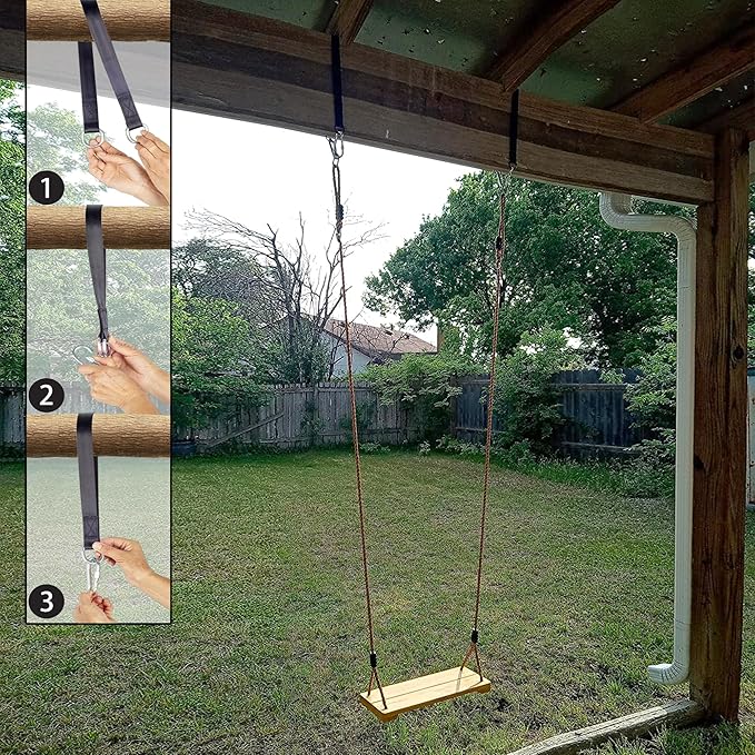KINSPORY Wooden Swing Seat, Outdoor Swing Set Accessories for Backyard, Height Adjustable Rope with Hanging Tree Straps Kit for Porch Patio Garden Playgroud (Light Yellow)