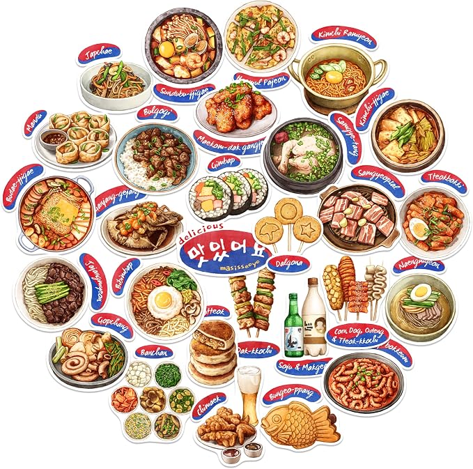 Navy Peony Authentic Korean Food Stickers (28 pcs) - Hand-Illustrated, Seoul, Culinary Stickers for Scrapbooking, Cookbooks, Journals and Laptops