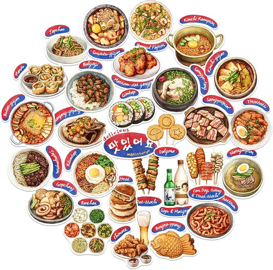 Navy Peony Authentic Korean Food Stickers (28 pcs) - Hand-Illustrated, Seoul, Culinary Stickers for Scrapbooking, Cookbooks, Journals and Laptops