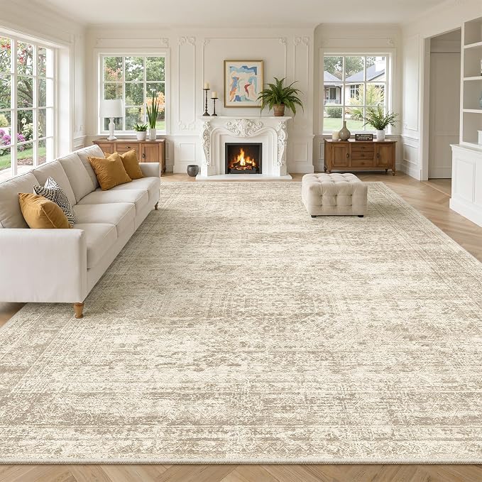 Soalmost 10x14 Area Rugs for Living Room Washable Rug Non-Slip Beige | Large Vintage Stain Resistant Carpet for Dining Bedroom, Low Pile Lightweight Foldable Floor Mat Nursery Home Office Decor