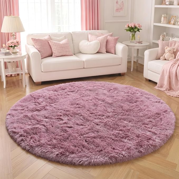Amdrebio Mauve Pink Circle Round Rug 5Ft for Bedroom, Shaggy Fluffy Fuzzy Plush Cute Area Rugs for Baby Girls Kids Room Decor Aesthetic, Dusty Rose Blush Carpet for Nursery Dorm Playroom Classroom