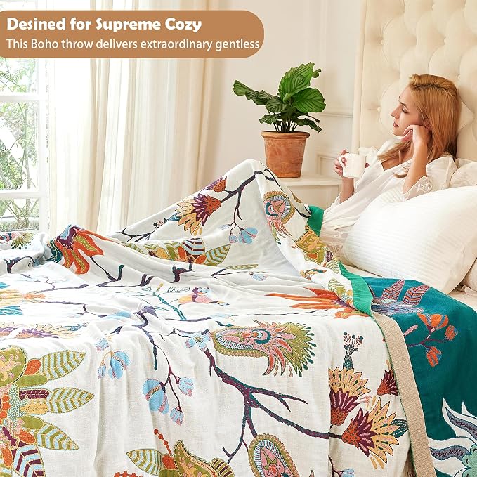 VANJOROY Boho Throw Blanket, 100% Organic Cotton Breathable Skin-Friendly Ultra Soft Bed Quilt Throw - All Season Floral Bird Farmhouse Décor Luxury Blanket for Sofa Couch Chair and Gift. 80" x 90"