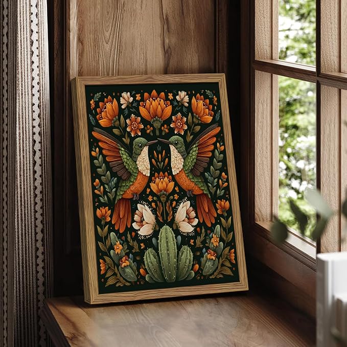 Framed Mexican Hummingbird Wall Art, Vintage Birds Animal Canvas Wall Decor Painting, Colorful Floral Cactus Botanical Poster Print Picture for Living Room Bedroom Bathroom 12x16 Inch