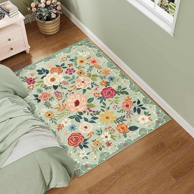 DUKINO 3x4 Area Rug, Floral Washable Rug for Kitchen Non Slip, Green | Low Pile, Soft, Stain Resistant Indoor Rug for Entryway, Bedroom, Bathroom, Laundry, Pet Friendly, Home Decor, Lightweight