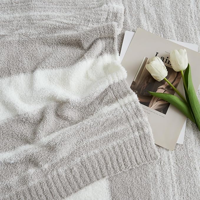 Soft Throw Blanket for Couch-Cozy Reversible Knitted Blankets | Lightweight Warm Fluffy Decor for Women, Mom, Her & Girls, Sofa, Chair, Bed, 50x70in,Taupe Stripe