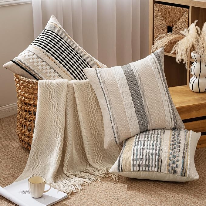 ANRODUO Boho Decorative Pillow Covers Gray Blue Stripe 20x20 Inch Pack of 2 | Throw Pillow Covers, Farmhouse Cushion Case, Chenille Pillow Cases, Pillow Covers, Accent Neutral Pillowcase for Couch Bed