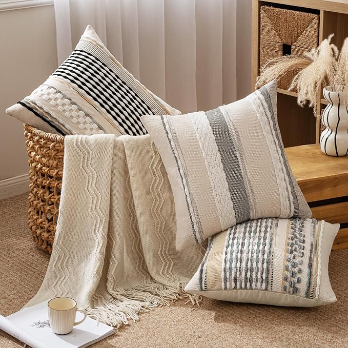 ANRODUO Boho Decorative Pillow Covers Gray Blue Stripe 24x24 Inch Pack of 2 | Euro Throw Pillow Covers, Farmhouse Cushion Case, Chenille Pillow Cases, Pillow Covers, Neutral Pillowcase for Sofa Couch Bed