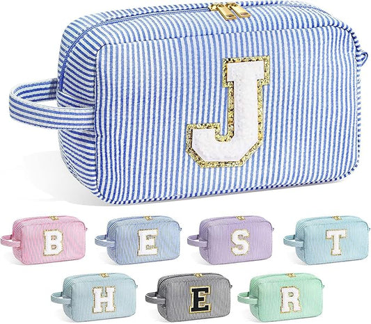 YOOLIFE Initial Makeup Bag for Women - Monogram Cute Blue Makeup Bags Cosmetic Toiletry Pouch Make Up Case for Women Her Best Friend Friendship Sister Teacher, Personalized Birthday Gifts for Women J