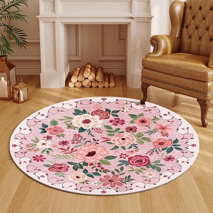 DUKINO 4ft Round Rug, Floral Washable Small Round Area Rug Non Slip, Pink | Soft, Low Pile, Stain Resistant Indoor Circle Rug for Bedroom, Kitchen, Kids Room, Living Room, Pet Friendly, Home Decor