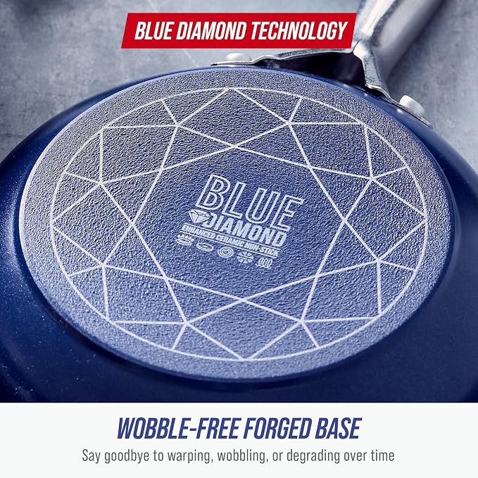 Blue Diamond 14" Diamond Infused Ceramic Nonstick Frying Pan Skillet | PFAS-Free Ceramic Nonstick Jumbo Pan with Helper Handle, Dishwasher & Oven Safe, Durable Metal Utensil Safe, Egg Pan, Blue