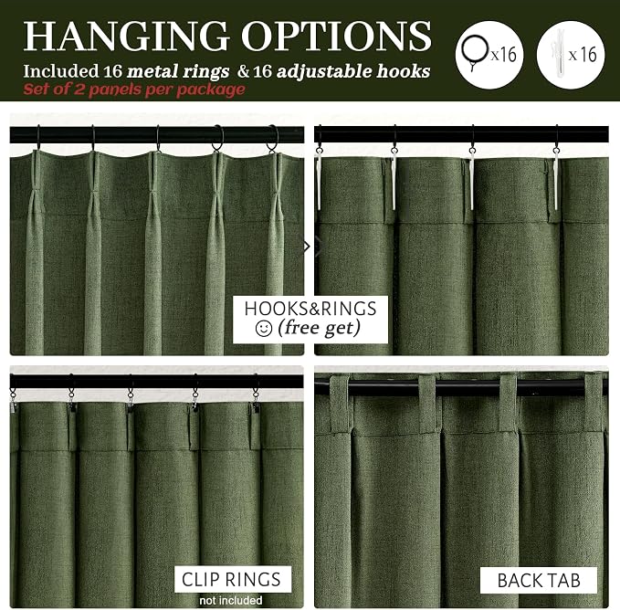 PleatedDrapes Vintage Moody Green Lodon Curtains for Living Room, Linen Blend Semi Sheer Pinch Pleated Drapes 108 Inches Long 2 Panels Set Light Filtering Privacy Window Olive Dark Academia Decor