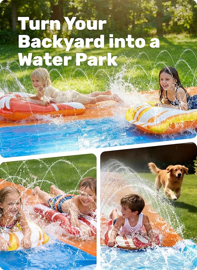 JOYIN 22.5ft Water Slides and 2 Bodyboards, Lawn Water Slide Summer Slip Waterslides Water Toy with Build in Sprinkler for Backyard Outdoor Water Fun for Kids