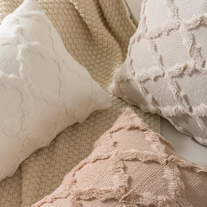 Set of 2 Soft Moroccan Throw Pillow Covers 18x18 Inch Plush Boho Decorative Pillow Cover Accent Cushion Case for Couch Sofa Bed, Light Brown