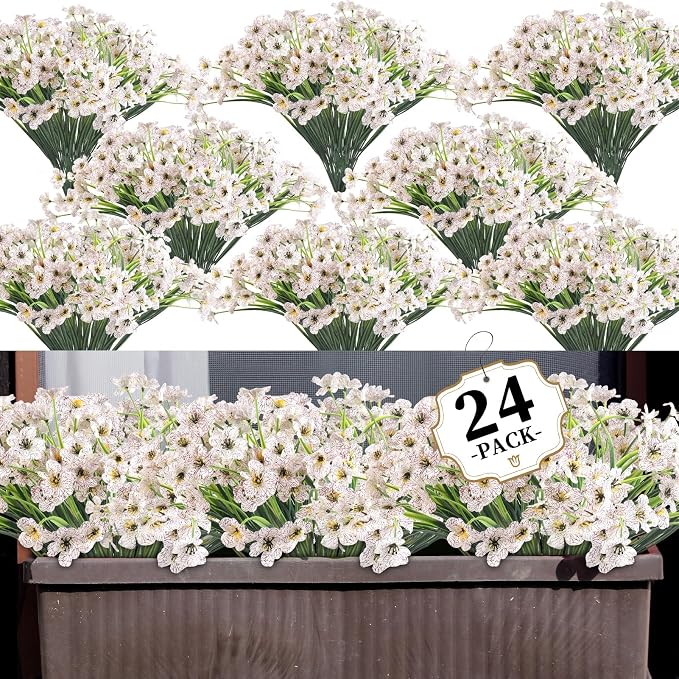 ColoPlay 24 Bundles White Artificial Flowers for Outdoors, Fake Flowers | Fake Plants Outdoors, UV Resistant Faux Flowers for Indoor Outside Garden Porch Window Box Home Wedding Farmhouse