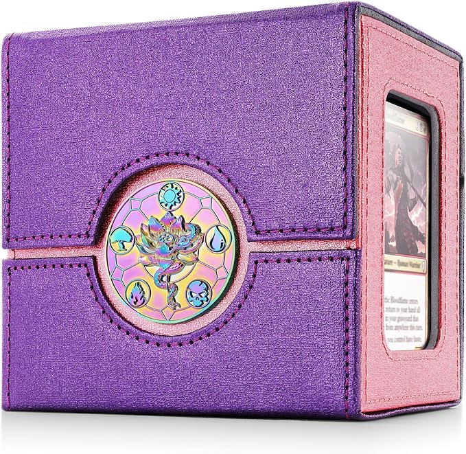 Kabinka Commander Deck Box for MTG with Metal Emblem, Card Deck Box with Dice Tray, Holds 100 Double-Sleeved Cards for TCG/PTCG, Cards Storage Case with 35PT Magnetic Card Holder (Pink& Purple, Lotus)